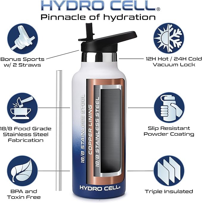 HYDRO CELL Stainless Steel Water Bottle with Straw & 2 Standard Mouth Lids (32oz 24oz 20oz 16oz) Keeps Liquids Hot or Cold w/Double Wall Vacuum Insulated Leak Proof Sport Design (Navy/White 20oz)