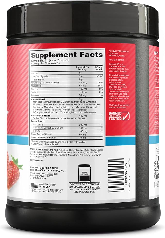 Optimum Nutrition Amino Energy Powder Plus Focus, with BCAA, Electrolytes, and Caffeine, Strawberry Burst, 65 Servings (Packaging May Vary)