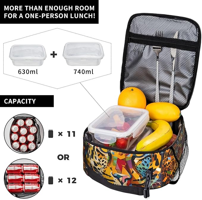 Colorful Leopard Face Pattern Insulated Lunch Box Gifts for Kids Adults Vibrant Cheetah Print Reusable Portable Lunchbox Cooler Lunchbag for Work Picnic School Travel or Hiking