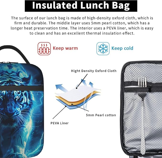 Fierce Tiger Lunch Box for Women Men Boys Kids, Insulated Cooler Lightning Design Lunch Bag for School, Picnic, Office, Travel, Work, Portable Reusable Polyester Thermal Tote Lunch Bags