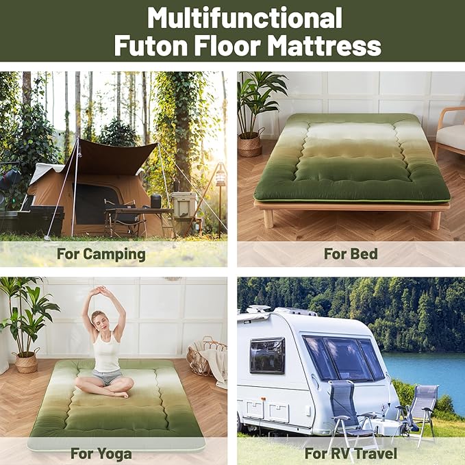 Japanese Floor Mattress, Futon Mattress with Portable Storage Bag and Washable Cover, Roll Up Thick Tatami Mat Suitable for Camping, Guest Room (Forest Gradient, Full)