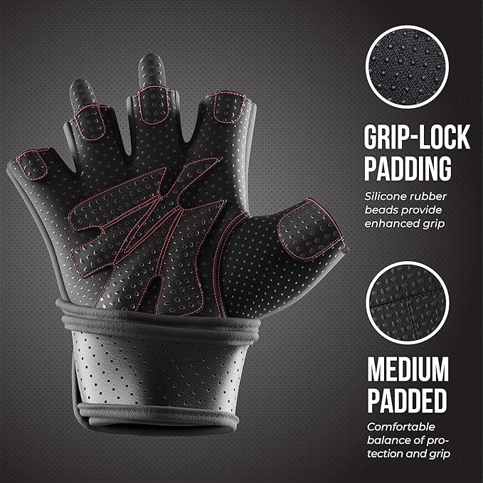 5737 Womens Padded Wrist Wrap Weight Lifting Gloves w/GripLock Padding (Pair) - Machine Washable Fingerless Workout Gloves w/Wrist Support Designed for Women