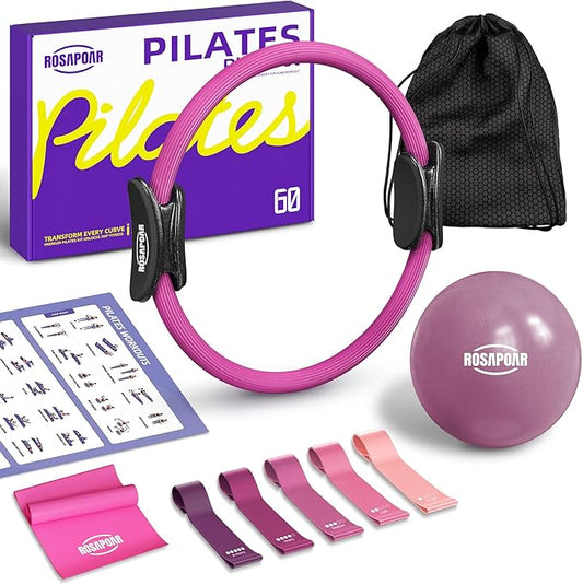 Pilates Ring Set - 14" Magic Circle with Yoga Ball & Resistance Bands – Home Workout Equipment for Women, Toning & Core Sculpting Essentials Kit