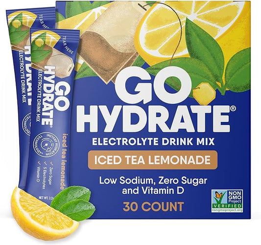GoHydrate Instant Hydration Powder Packets- Low Sodium Electrolytes Drink Mix with 36mg Caffeine -Natural Hydration Support, Sugar Free Electrolyte Flavored with Vitamin D, 30 Packs, Iced Tea Lemonade