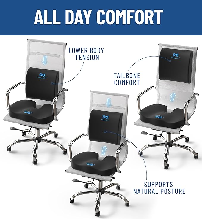 Everlasting Comfort Doctor Recommended Memory Foam Seat Cushion for Office Chairs & Car Seat - Ergonomic Office Desk Accessories for Tailbone Pain Relief, Sciatica & Back Support
