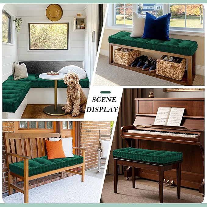 Bench Cushions for Indoor Furniture 42x16 in Velvet Kitchen Dining Piano Window Seat Cushion, Tufted Patio Porch Swing Thicken Bench Pad Memory Foam for Christmas Home Decor(Dark Green)