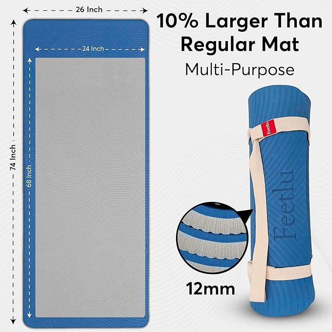 Extra Thick 12mm Exercise Mat – Non-Slip, Joint-Friendly & Cushioned Fitness Mat for Yoga, Pilates & Floor Workouts – Durable, Supportive & Includes Feetlu Classic Strap