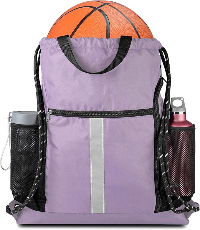 BeeGreen Lilac Drawstring Backpack Bag Gym Sports Backpack with Shoe Compartment and Two Water Bottle Holder for Women Men Large String Athletic Sackpack Workbag