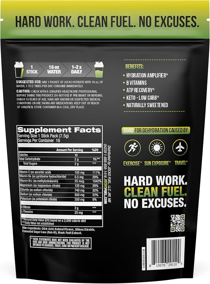 Jocko Fuel Packets Low Sugar - Hydration Amplifier Packets for Recovery, Dehydration, & Exercise - with Vitamins B6, B12 & C (16 Packets) Lemon Lime