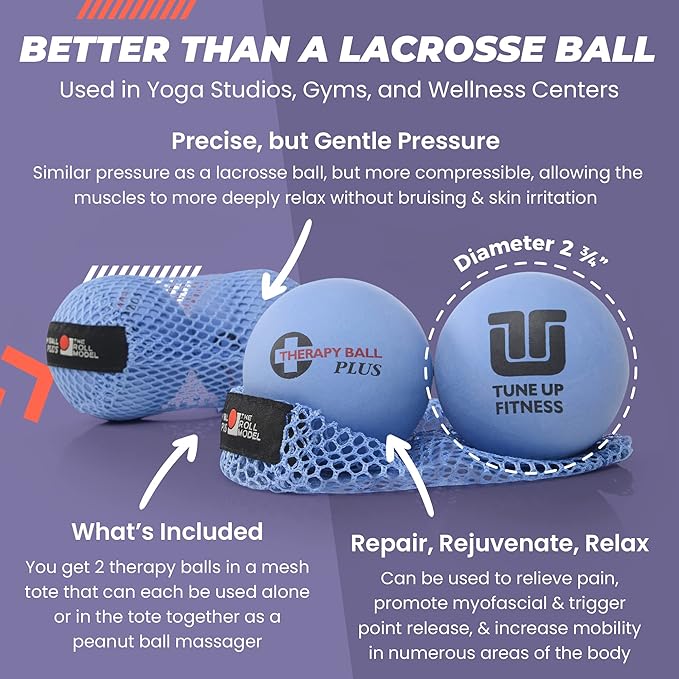 Tune Up Fitness – Therapy Ball PLUS Pair in Tote | Lacrosse Ball Upgrade - Massage Therapy Balls for Myofascial Release | Neck, Lower Back Pain, Sciatica, Shoulder Tension Relief, Physical Therapy