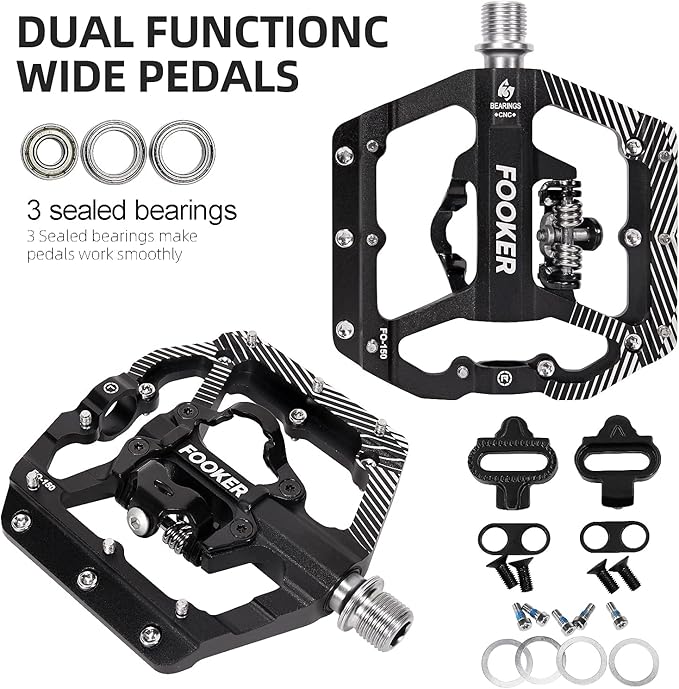 FOOKER MTB Mountain Bike Pedals 3 Bearing Flat Platform Compatible with Dual Function Sealed Clipless Aluminum 9/16" Pedals with Cleats for Road