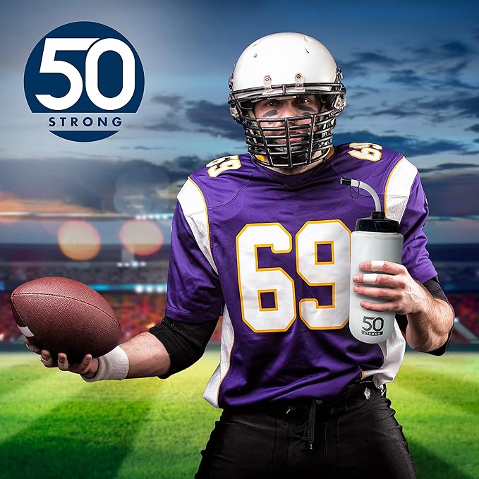 50 Strong 1 Liter BPA-Free Plastic Round Sports Water Bottle with Straw - 6 Pack