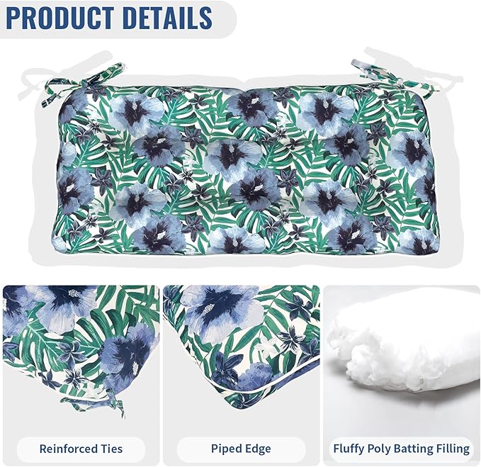 Tufted Bench Cushion for Outdoor Furniture, Patio Swing Cushion 44 x 19 x 5 Inch, Overstuffed Outdoor Chair Cushion for Garden Loveseat Lounge Storage, 1 Pack,Blue Salmone Tropical