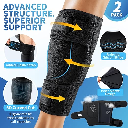 CAMBIVO Calf Brace for Torn Muscle, 2 Pack Adjustable Neoprene Compression Wrap Support for Shin Splints, Strain, Leg Pain (Black, Small)