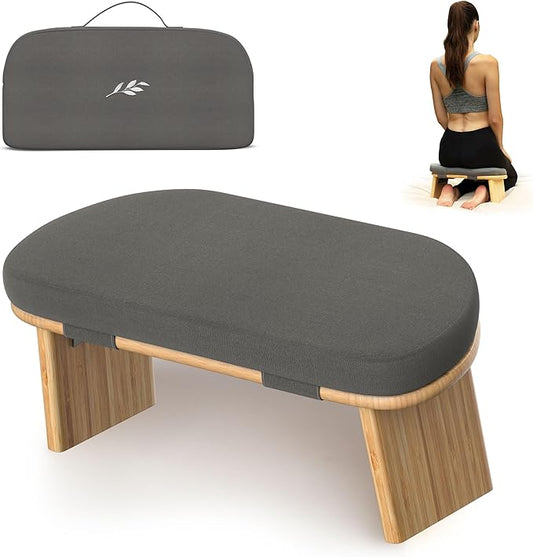 Meditation Chair w/ Extra Thick Cushion - Portable Bamboo Meditation Bench w/ Magnetic Locking Hinge - Anterior Tilt Seiza Bench Ideal for Comfortable & Stable Meditation - Sleek Canvas Kneeling Chair