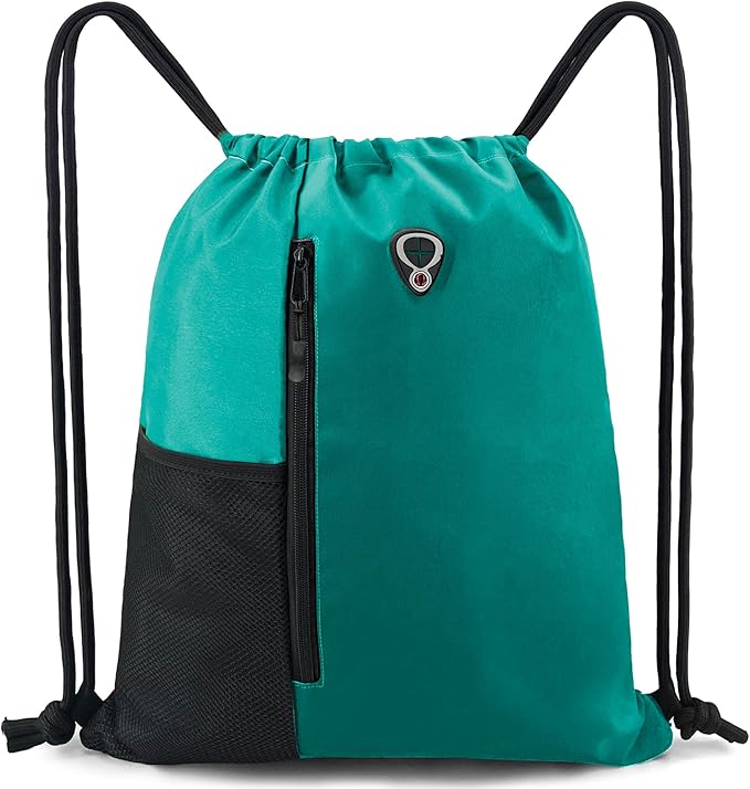 BeeGreen Marrs Green Drawstring Backpack Gym Bag For Men & Women – Sports Sackpack with Mesh Water Bottle Holder & 2 Zippered Pockets – Large 16x20 Inch Cinch String Backpack