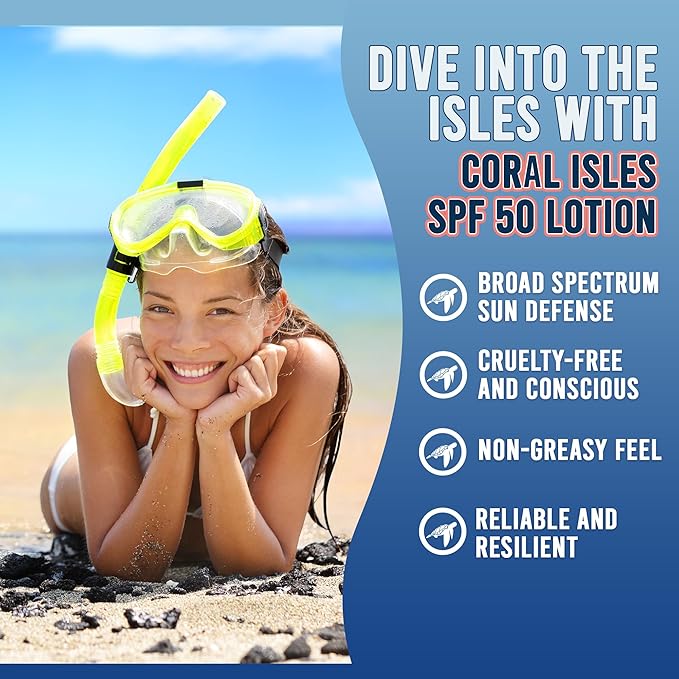 Coral Isles Sunscreen SPF 50 | Hawaii Compliant as Reef Safe | Octinoxate & Oxybenzone Free | Broad Spectrum UVA/UVB Protection | Water Resistant 80 Min. | Fragrance Free | 16 Fl Oz (Pack of 1))