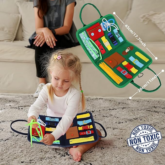 Esjay Toddler Busy Board, Montessori Toys to Learn Fine Motor Skill, Educational Sensory Board for 3+ Year Old, Toddler Activities for Travel Airplane Car,Green Alphabet