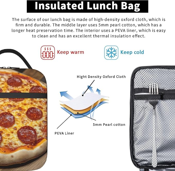 Food Pizza Lunch Box for Women Men, Insulated Lunch Box Reusable Portable Lunch Bag Cooler Tote Waterproof Lunch Container for Office Picnic Work Travel