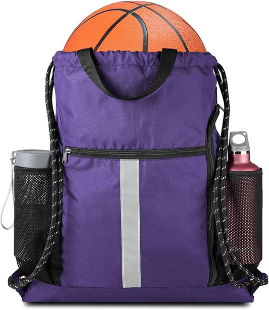 BeeGreen Purple String Bag Sack Gym Backpack with Shoe Compartment and Two Water Bottle Holder for Men Women Lightweight Durable Drawstring Cinch Sackpack