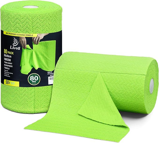 LIVOS Microfiber Cleaning Cloth Roll - 80 Pack, Reusable Paper Towels, Microfiber Towels for Cars, Super Absorbent Lint Free Cleaning Rags for House, Kitchen, Window-Wave Green, 11.5"x11.5"