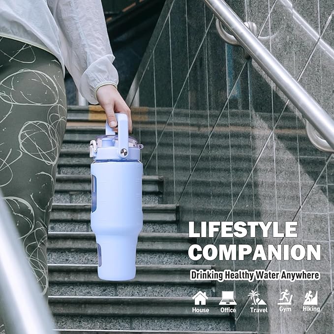 BLUEGO 40oz Glass Tumbler with Lid and Straw, Glass Water Bottles with Handle, Glass Cup with Time Marker and Silicone Sleeve, Fits Most Cup Holder, Leak-proof, Blue