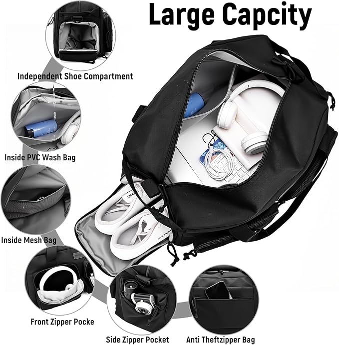 Duffle Bag for Men Women, Gym Bags & Tactical Duffle Bag with Shoe Compartment, Weekender Overnight Bag for Travel Workout, Black