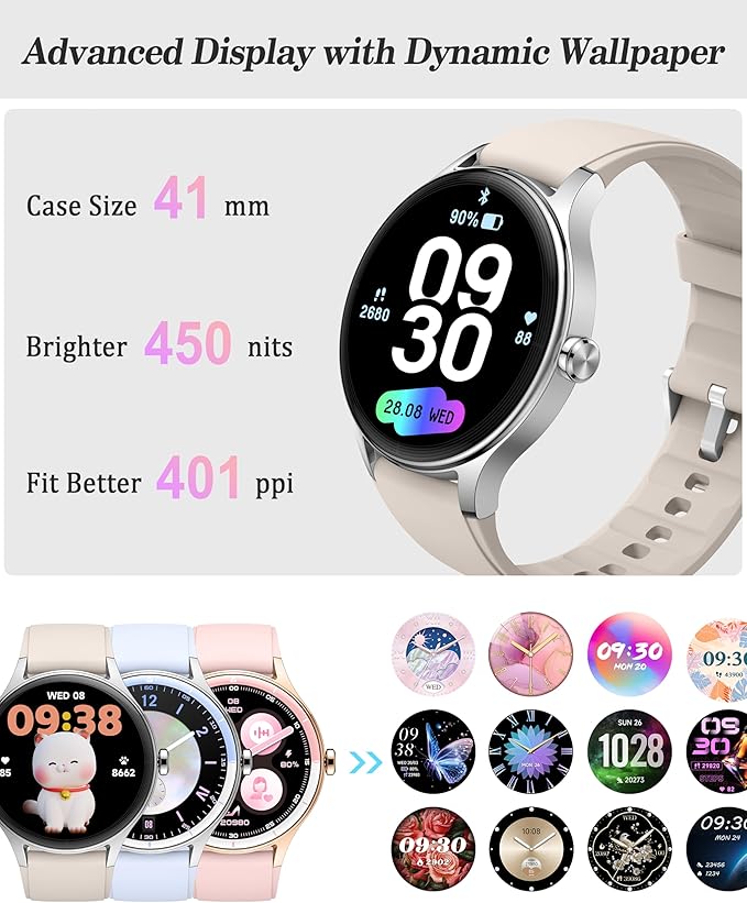 Smart Watch, 41mm Fitness Tracker, Answer/Make Calls, Digital Smartwatch with Heart Rate/Stress/Sleep Monitor, AI Voice, IP68 Waterproof Watch Calculator, Calendar, Games for Lady Women & Men