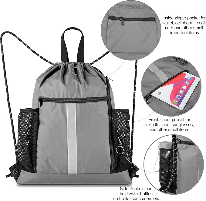 BeeGreen Grey Drawstring Bag Pack Gym Sackpack w Shoe Compartment Two Water Bottle Holder Portable String Sinch Sack for Gymnastic Athletic Beach Travel