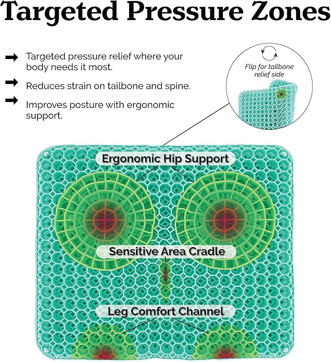 Gel Seat Cushion for Tailbone Support and Relief from Butt and Back Pain and Pressure - Cushions are Large Thick and Comfortable - Ideal for Office Chairs Driving Travel and Long Sitting