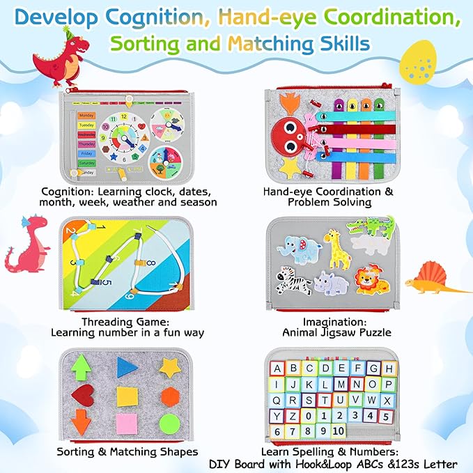 Esjay Toddler Busy Board Montessori Toys for Boys Girls, Sensory Board Educational Activities for Learning Fine Motor Skills, Birthday Gifts for Toddlers, Travel Toys for Airplane Car,Grey Dinosaur