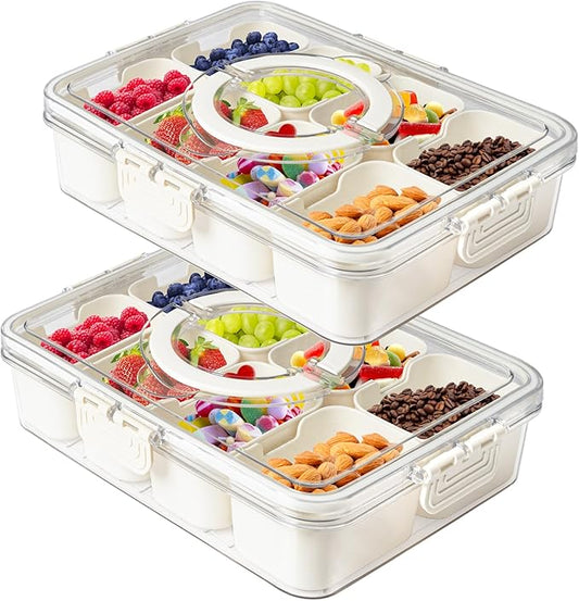 MineSign 2Pack Snackle Box with Handle for Food Serving Tray Snack Platter with Lids Stackable Fruit&Veggie Container with 8 Small Removable Boxes for Snack Charcuterie Candy Nuts Spice