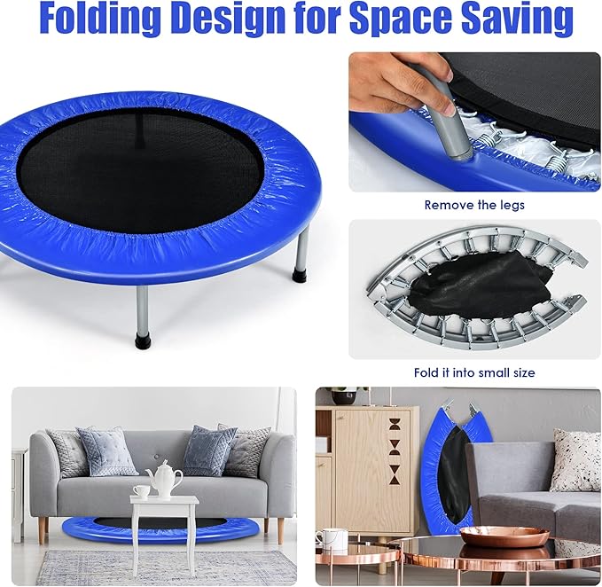 GYMAX Rebounder Trampoline for Adults, Mini Exercise Trampoline with Safety Pad, Foldable Rebounding Fitness Trampoline for Indoor/Outdoor, Small Workout Trampoline for Adults (Blue)