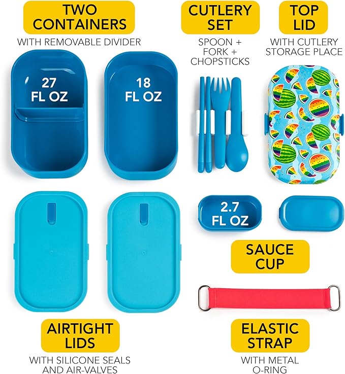 Insulated Stackable Bento Box for Adults with Reusable Chopsticks Japanese Lunch Box Microwavable & Leak Proof Lunch Containers for Men & Women Modern Cute Food Container with Compartments (Blue)