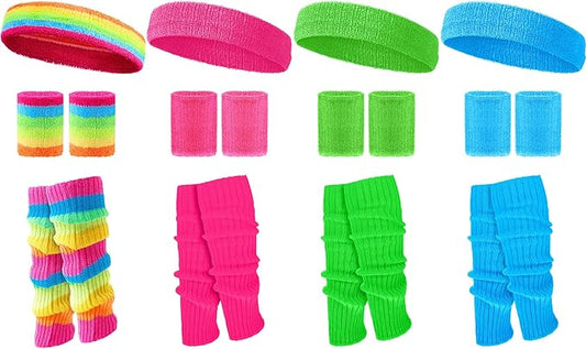 Haysandy 4 Sets 80s 90s Leg Warmers Set for Women Costume Neon Headband Rainbow Wristbands for Sport Yoga Workout Clothes