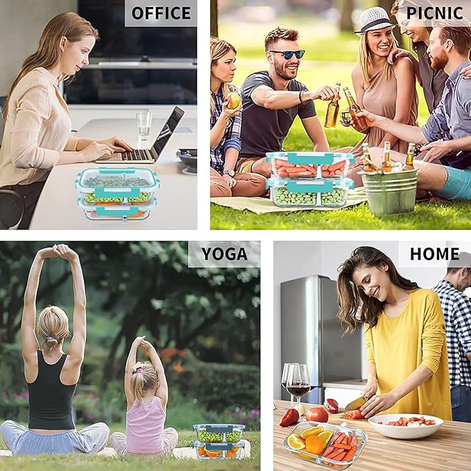 KOMUEE 10 Packs 30oz Glass Meal Prep Containers 2 Compartments,Glass Food Storage Containers with Lids,Airtight Glass Lunch Bento Boxes,Oven,Freezer and Dishwasher Safe, Green