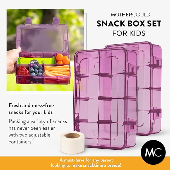 Snack Box Containers Set of 2-Reusable,100 Dissolvable Labels, 8 Adjustable Compartments, Dishwasher Safe, BPA-Free, Meal Prep Container, PARENT TESTED PARENT APPROVED AWARD (2 Pack) (Purple)