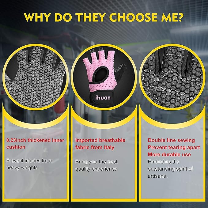 ihuan Breathable Weight Lifting Workout Gym Gloves: Fingerless Exercise Wrist Support | Enhance Palm Protection | Extra Grip for Fitness |Training | Rowing | Pull-ups
