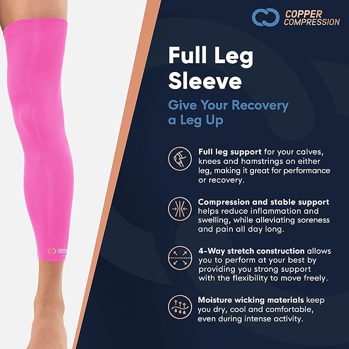 Copper Compression Leg Compression Sleeve - Copper Infused Knee Stabilizer Brace for Running, Meniscus Tear, ACL, MCL, Arthritis, Joint Pain Relief - Thigh & Calf Support for Men & Women