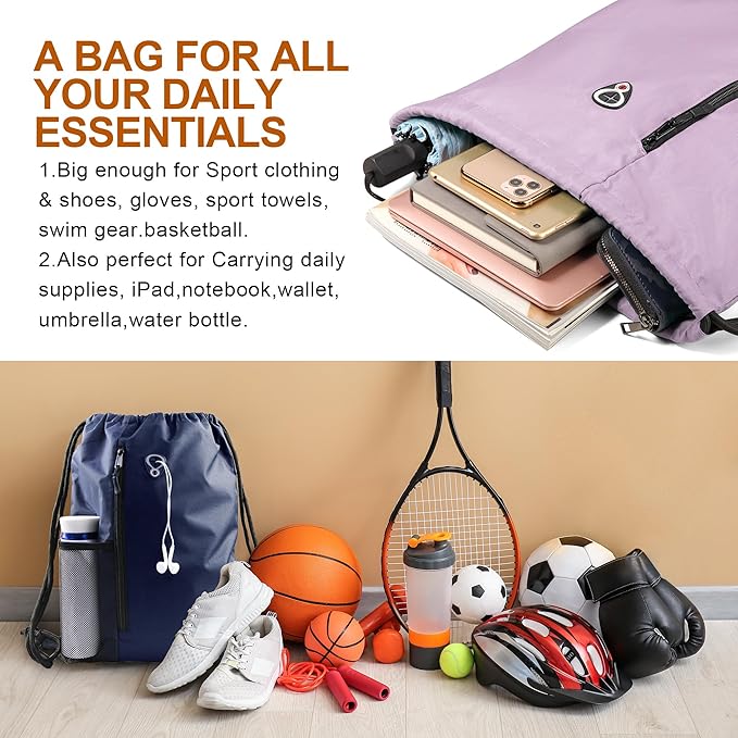 BeeGreen Lilac Drawstring Backpack Gym Bag For Men & Women – Sports Sackpack with Mesh Water Bottle Holder & 2 Zippered Pockets – Large 16x20 Inch Cinch String Backpack Workout Bag for Running, Travel