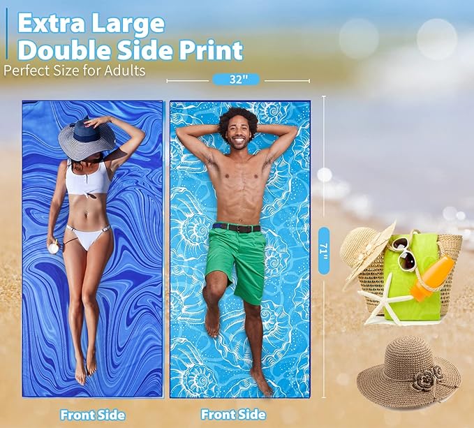 2 Pack Microfiber Thin Beach Towel Lightweight 71x32 Oversized Extra Large Sand Free Towels Quick Dry for Travel Pool Yoga Gym Sports Beach Accessories Vacation Essential Gift