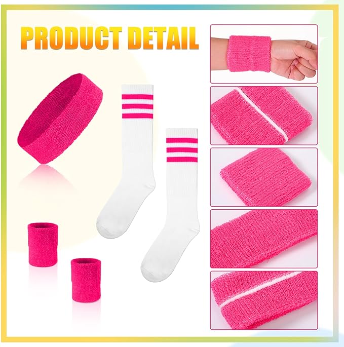 Hillban 80s Workout Outfit 80s Accessories for Women Men Neon Sweatbands Headbands for Tennis Volleyball Sport