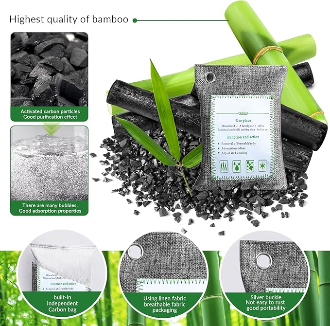 4 Pack charcoal odor absorber,Bamboo Charcoals Air Purifying Bag Charcoals Deodorizer Eliminator for Strong Odors in Car, Closet, Shoe, Basement (200G*4 Pack Gray-3, Unscented)