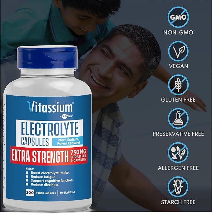 Vitassium Extra Strength Electrolyte Capsules - 750mg of Sodium for The Management of POTS and High Sodium Diets, Unflavored - 200 Salt Pills (Size 00)