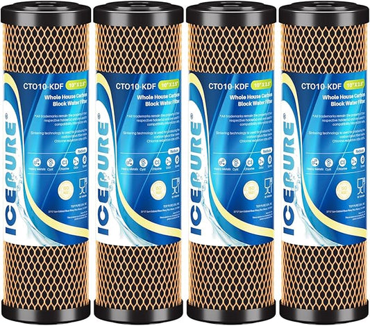 ICEPURE 1 Micron 2.5" x 10" Whole House Water Filter Coconut Shell Activated CTO Carbon and KDF Cartridge for Home, Compatible with WFPFC8002, WFPFC9001, FXWTC, SCWH-5, WHEF-WHWC, AMZN-SCWH-5, 4PACK