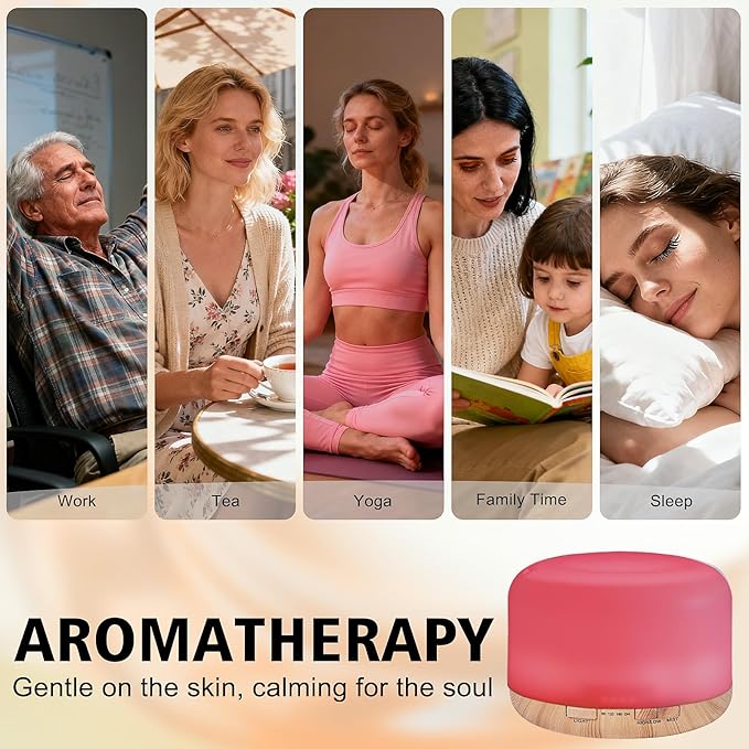 500ML Essential Oil Diffuser, Home Aroma Diffuser, Humidifier for Bedroom Large Room, Quiet 5-in-1 Humidifier: 7 Color LED, 2 Mist Mode, Remote Control, Timer, Waterless Auto Off-Wood Bottom