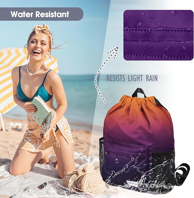 Drawstring Backpack Sports Gym Sackpack with Mesh Pockets Water-Resistant String Cinch Beach Bag for Men Women(Orange Purple)