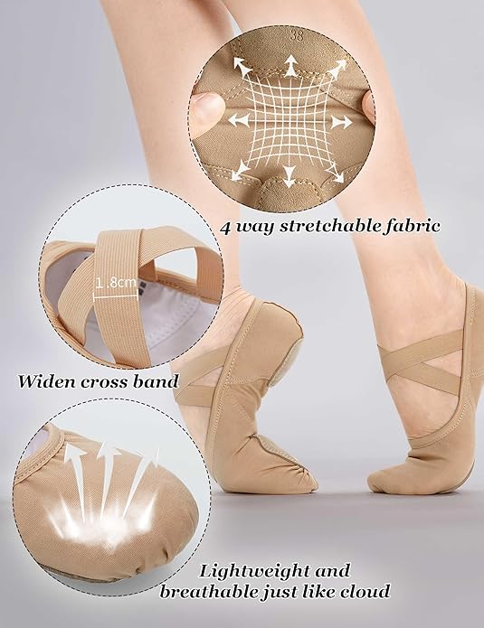 Cloud Soft 4 Way Stretch Canvas Ballet Shoes Split Sole Dance Slippers for Toddler Girls, Little Big Kids Training