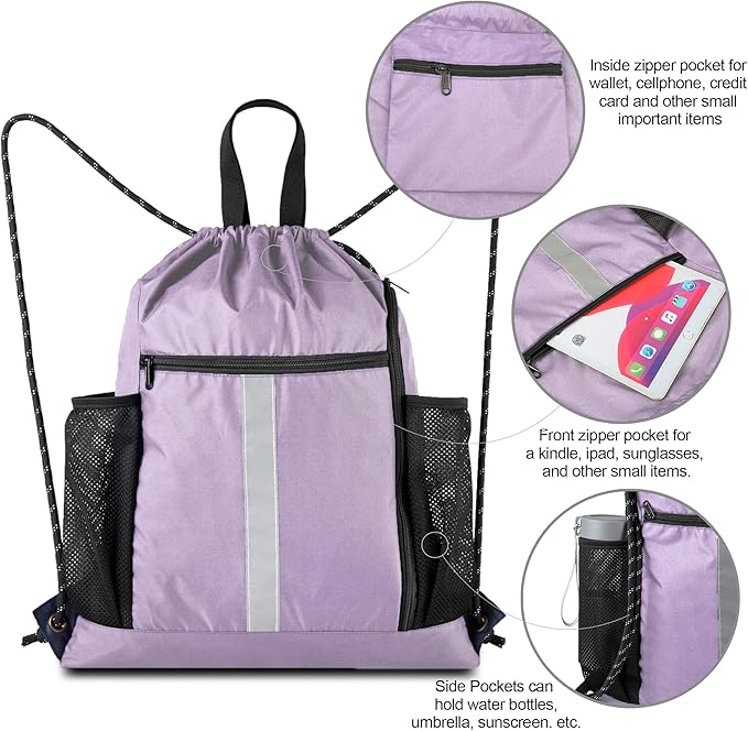 BeeGreen Lilac Drawstring Backpack Bag Gym Sports Backpack with Shoe Compartment and Two Water Bottle Holder for Women Men Large String Athletic Sackpack Workbag