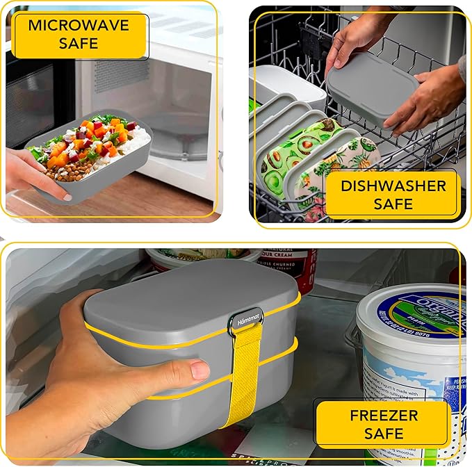 Premium Bento Lunch Box for Adults with Reusable Chopsticks, Modern Cute Food Container with Compartments, Leak Proof, Microwavable & Freezer Safe, Gray, 7.5x4.7x4.5 in (190x119x114 mm)